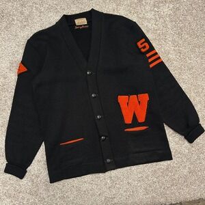 Vintage Dehen Wool Letterman Varsity Cardigan Sweater Black Orange Chenille USA